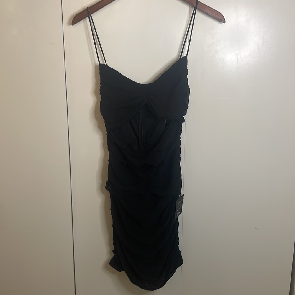 Ruched Cut Out Black Lined Mesh Mini Dress